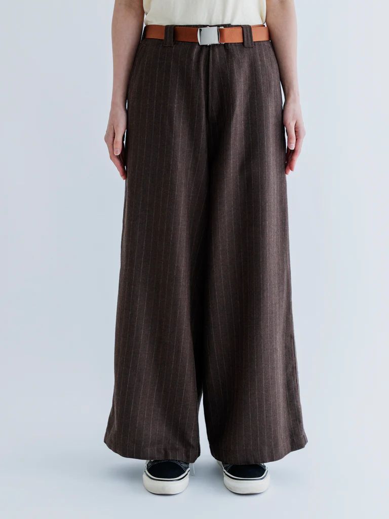 とむ MEYAME メヤメ MERINO WOOL STRIPE SIDE LINE WIDE PANTS BROWN メリノ