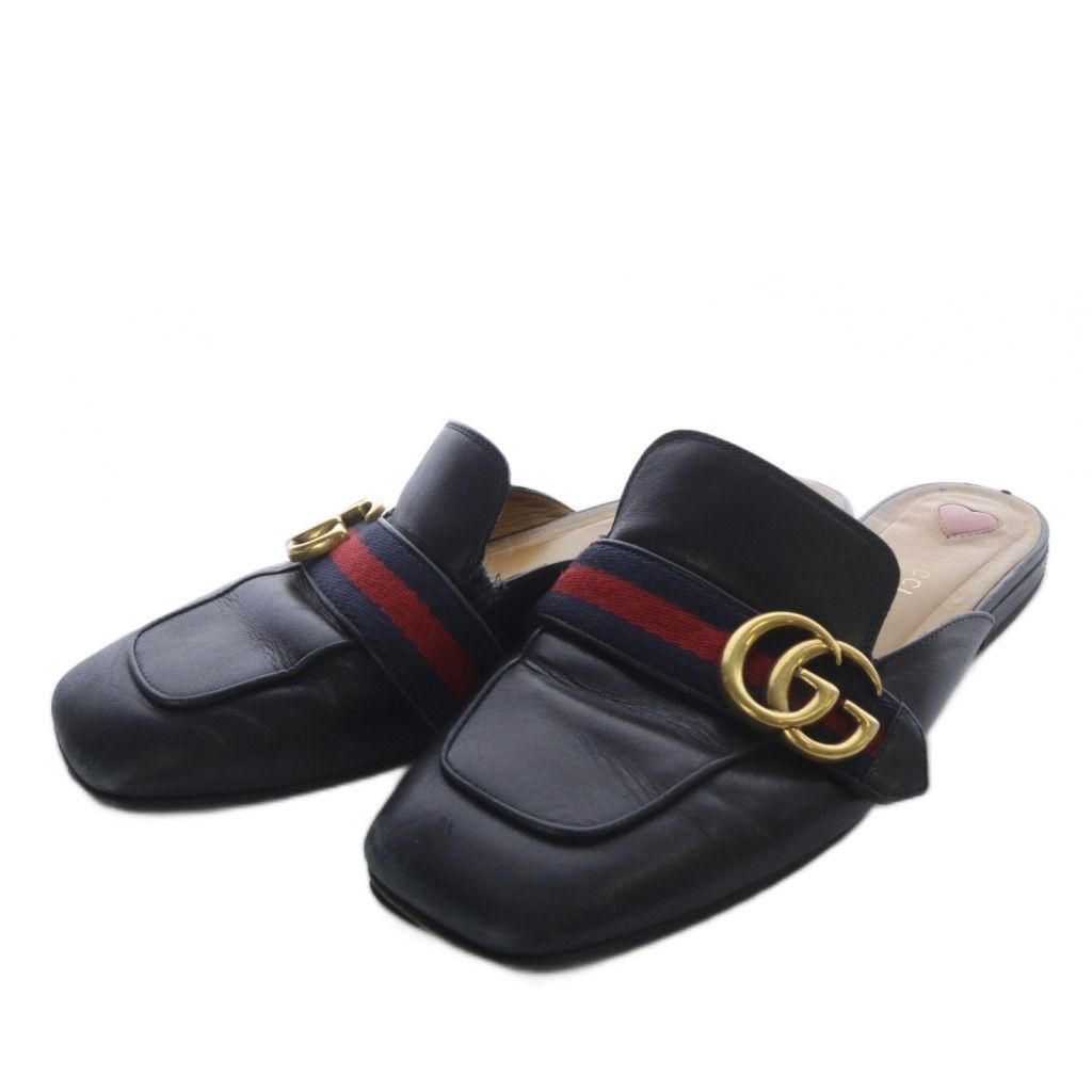グッチ GUCCI シェリーライン プリンスタウン ダブルG GGマーモント スリッパ ミュール スクエア レザー 37 ブラック 423694 |YO10