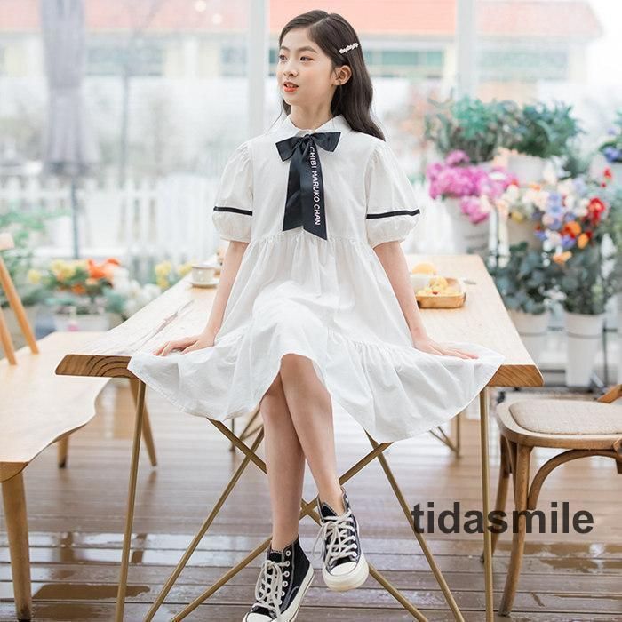 ワンピース 女の子 ドレス 子供服 キッズ 長袖 春 夏 こども服 Aライン 白 130 140 150 160 リボン 襟付き 通学 結婚式 発表会 ピアノ かわいい