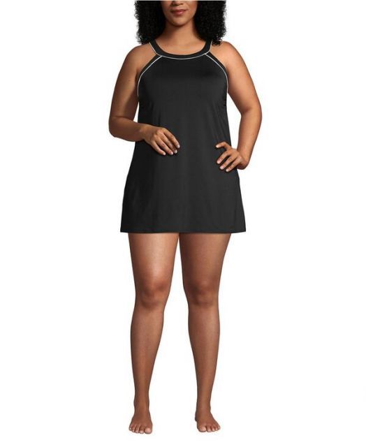 送料無料 ランズエンド レディース ワンピース トップス Plus Size DDD-Cup High Neck Swim Dress Swimsuit Black|white
