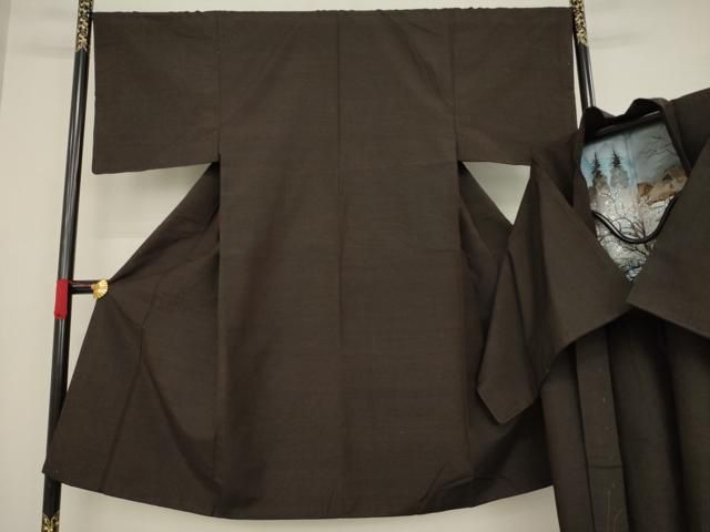 平和屋着物●男性 紬 アンサンブル 色無地 赤墨色 正絹 AABA7942ck
