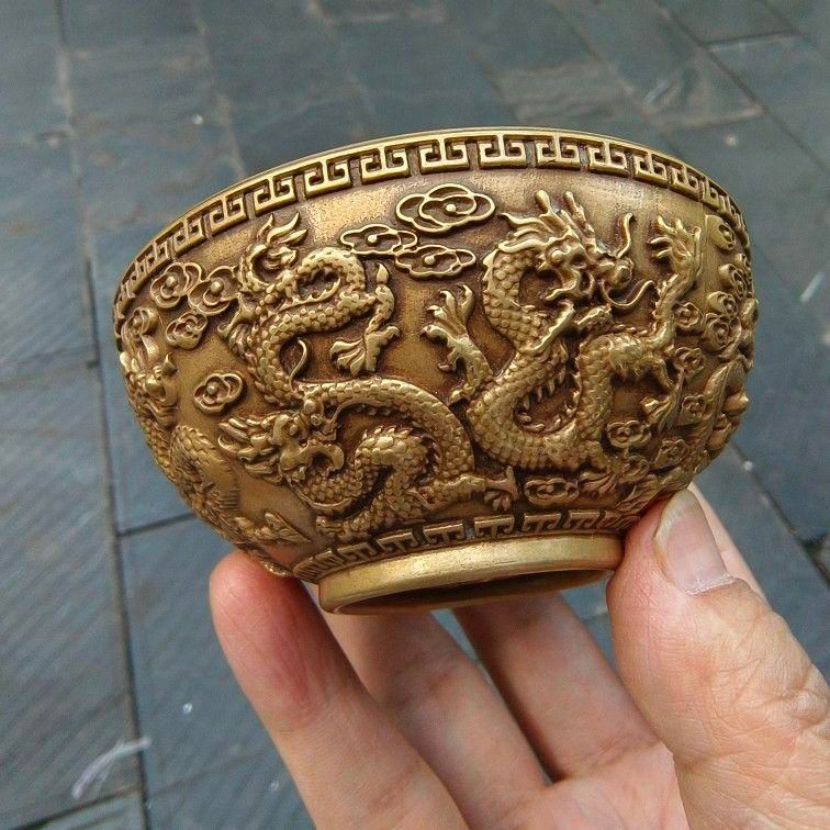 銅細工 九龍騰雲碗 書道具 文房具 茶道具 装飾品 工芸品 美術品置物