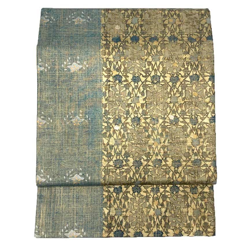 京やJ234 正絹 袋帯 全通袋帯 箔の帯 洒落袋帯 ゴールド ブルー セミフォーマル~カジュアルまでOK 付下げ 小紋 紬に 仕立て上がり リサイクル着物