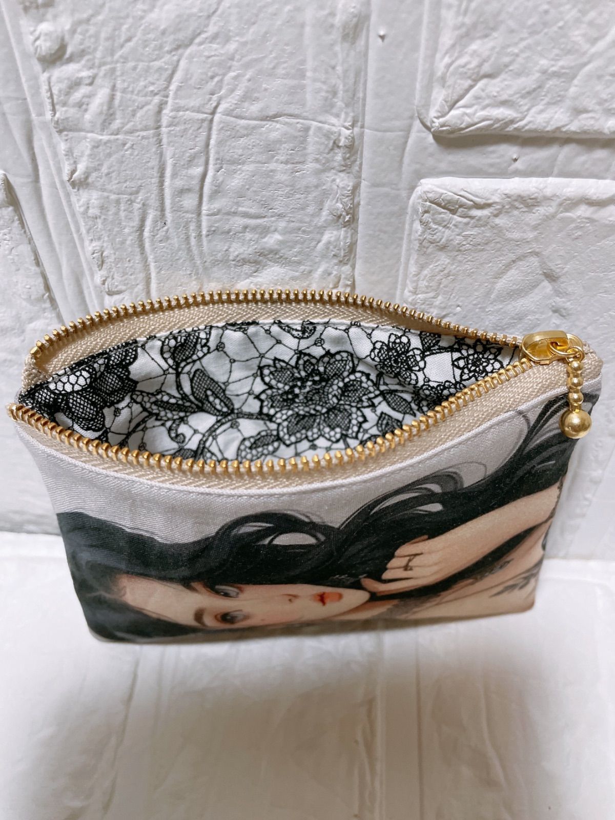 フラットポーチ ハンドメイド クジラとポメラニアンC 両面パネル生地