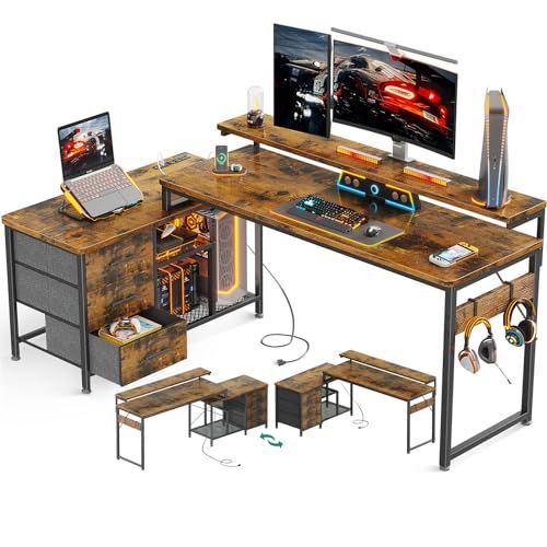 数量 引き出し付き ゲーミングデスク l字 パソコンデスク コンセント付き 机 幅173*100 desk 収納 ODK オフィスデスク 仕事用 在宅勤務 組立簡単 ビンテージ