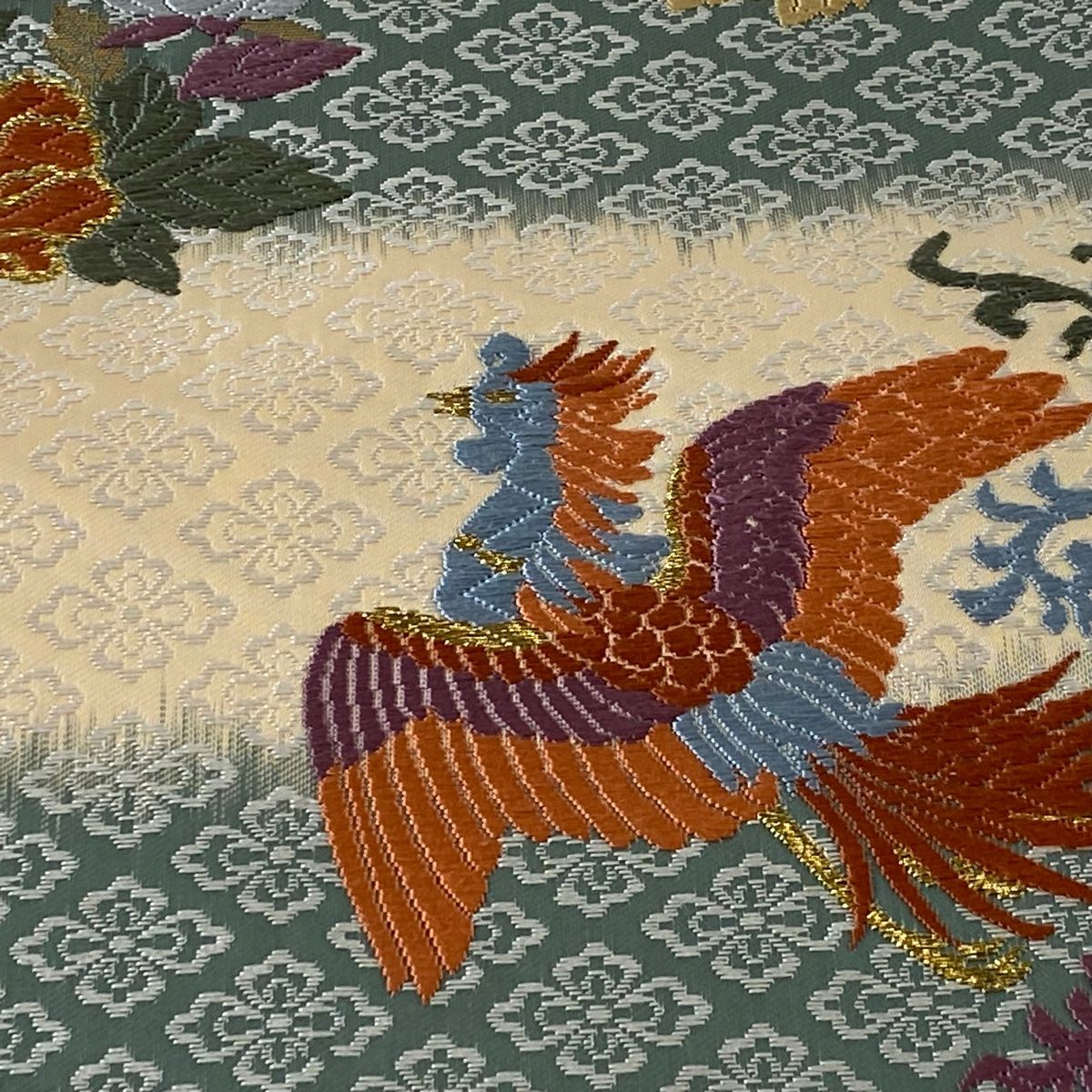 袋帯 美品 秀品 関西仕立て 鳥 草花 刺繍 金糸 灰緑 六通 正絹