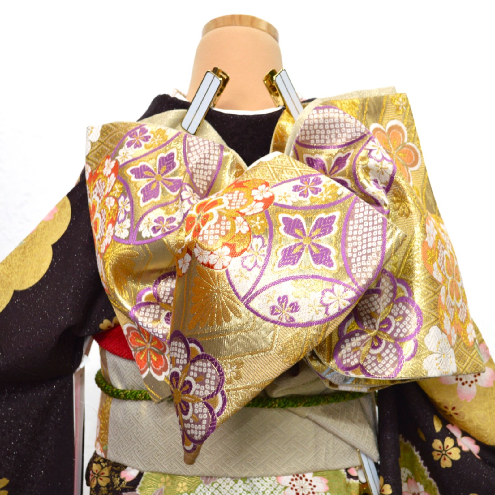 美品》正絹 振袖フルセット S〜Lサイズ 成人式 金駒刺繍 ブラウン 古典