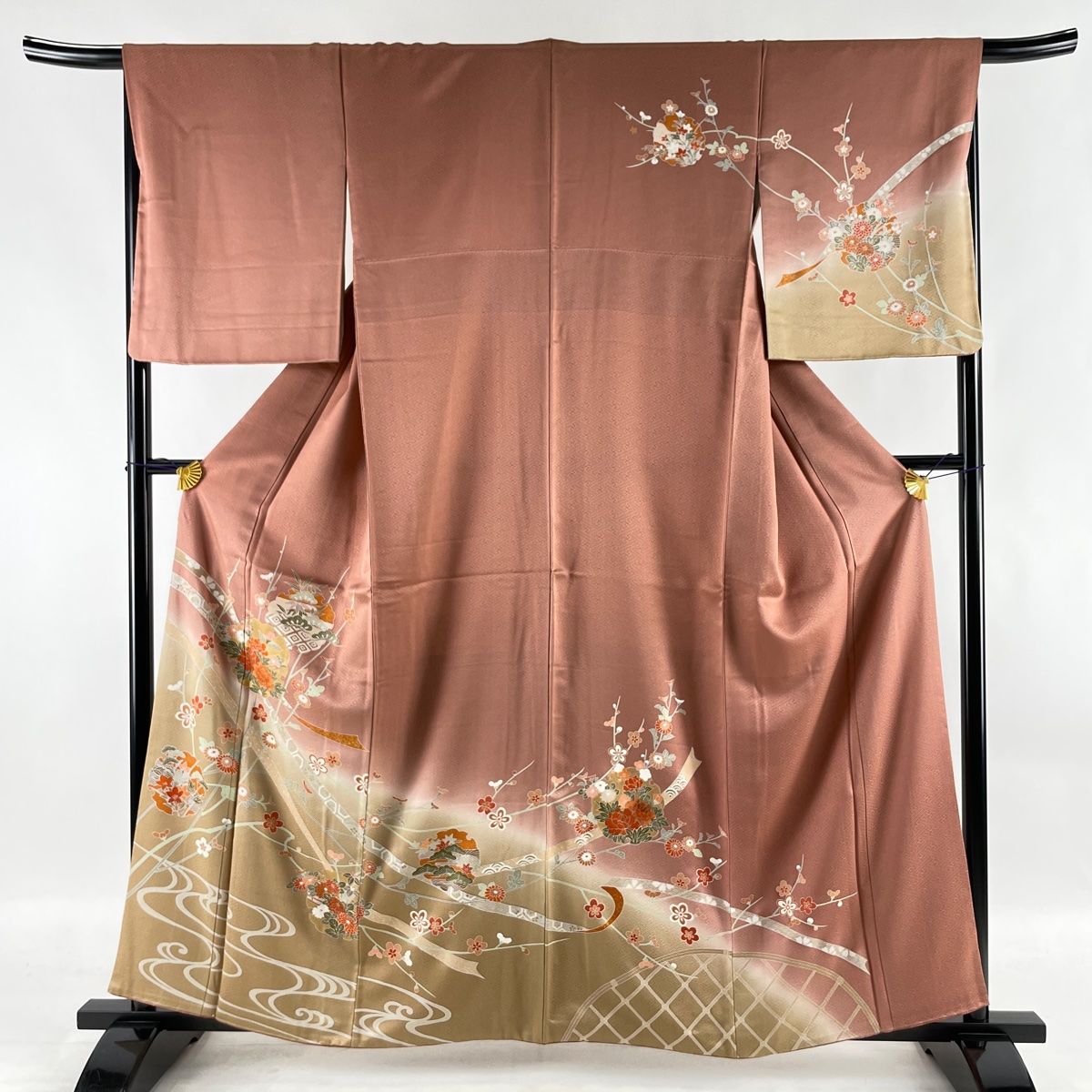 訪問着 秀品 雪輪 草花 金彩 ぼかし ピンク 袷 身丈160cm 裄丈67.5cm L