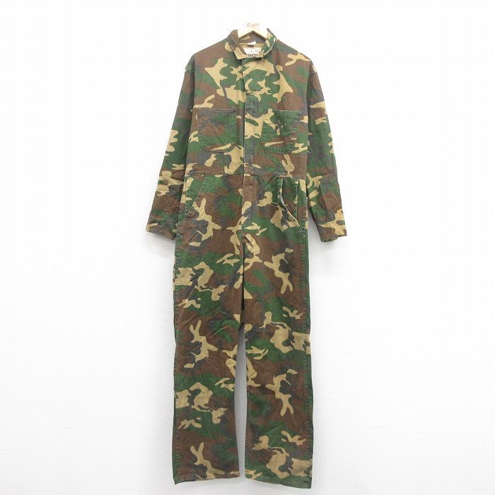 W39|古着 長袖 ハンティング ツナギ メンズ 80s ウッドランドカモ コットン 緑他 グリーン 迷彩 25sep20 オールインワン ボトムス
