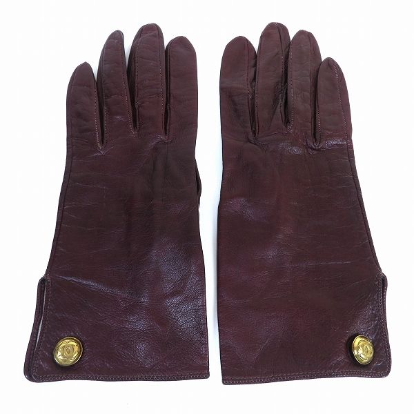 wxe シャネル CHANEL 手袋 7 赤茶 レザー 本革 金釦 金釦 ロゴ ココマーク ヤギ革 シルク 絹 フランス製 レディース 942250 k01
