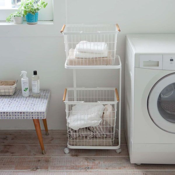 山崎実業 ランドリーバスケット ワゴン トスカ セット tosca スリム 大容量 北欧 2段 ランドリーラック 洗濯かご おしゃれ 天然木製 洗濯物入れ ランドリーワゴン インテリア雑貨 白 かご 洗面所 yamazaki キャスター付き スチール