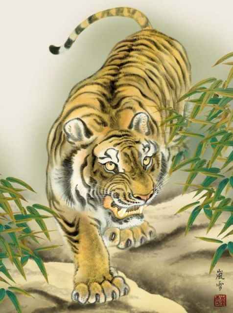 油絵　「虎」サイズ:F6 屏風 23号二曲 手描虎 高さ69cm ×片幅35cm 161007 : 高田卸方屋