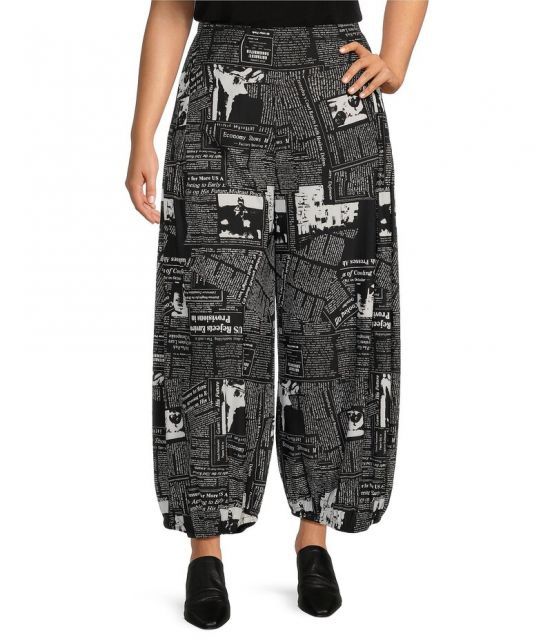 【送料無料】 アイシーコレクション レディース カジュアルパンツ ボトムス Plus Knit Newspaper Print Side Leg Balloon Pant Black