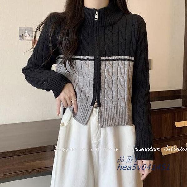 ショートカーディガン 前開き 長袖 防寒 バイストライプ グレー×ブラック セーターお出かけ女子会20代30代40代50代60代 ニット hea5v041451