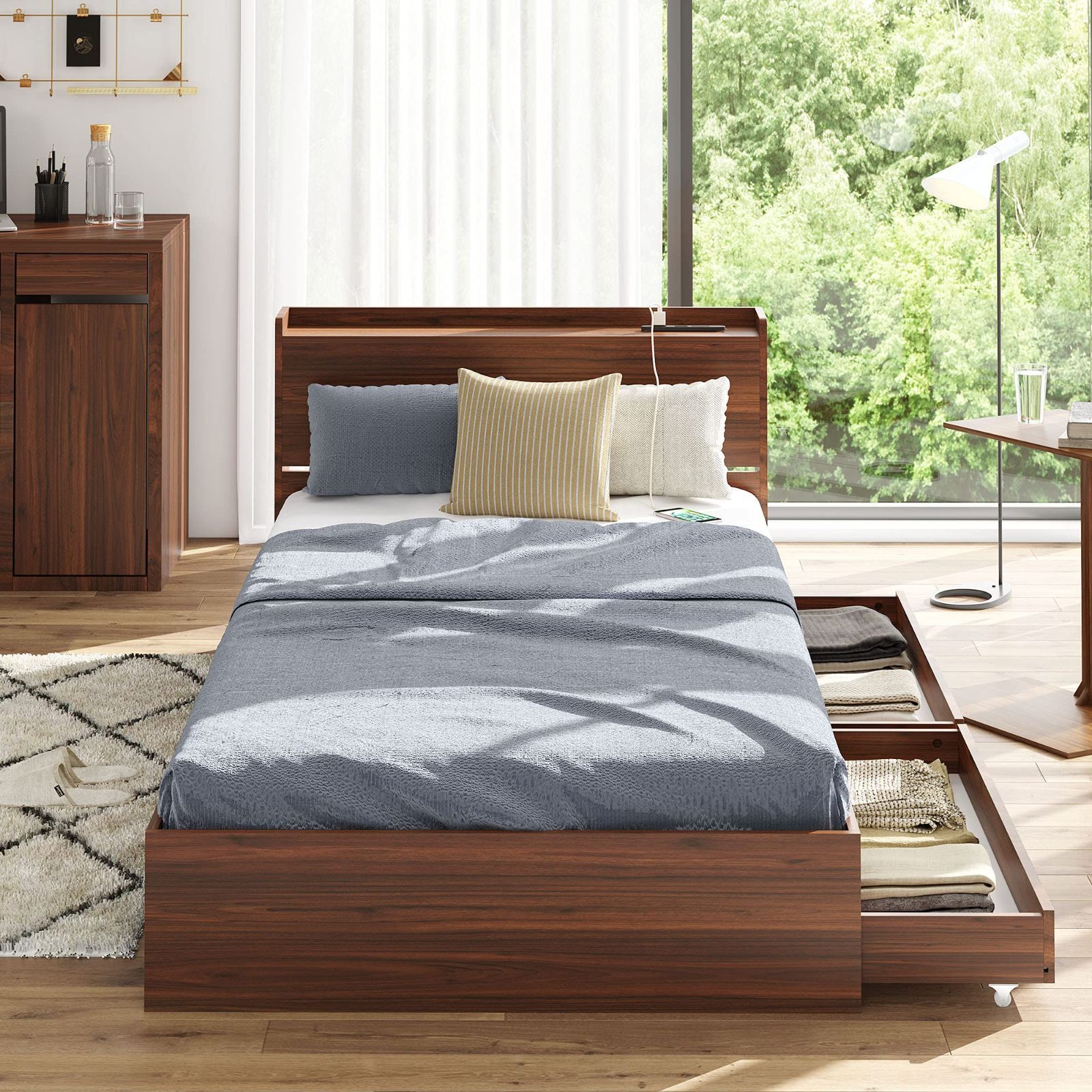 新着商品 引き出し付き 木製 収納付き 棚付き すのこベッド 宮付き ベッドフレーム コンセント付き ベッド シングル 収納付きベッド ブラウン WLIVE