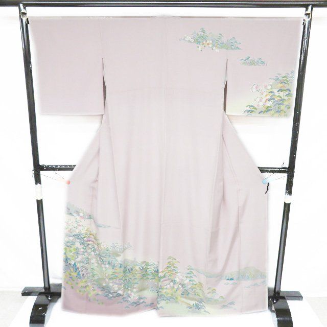 訪問着 着物 中古 正絹 袷 フォーマル 花の図 風景 茶屋辻 聴色