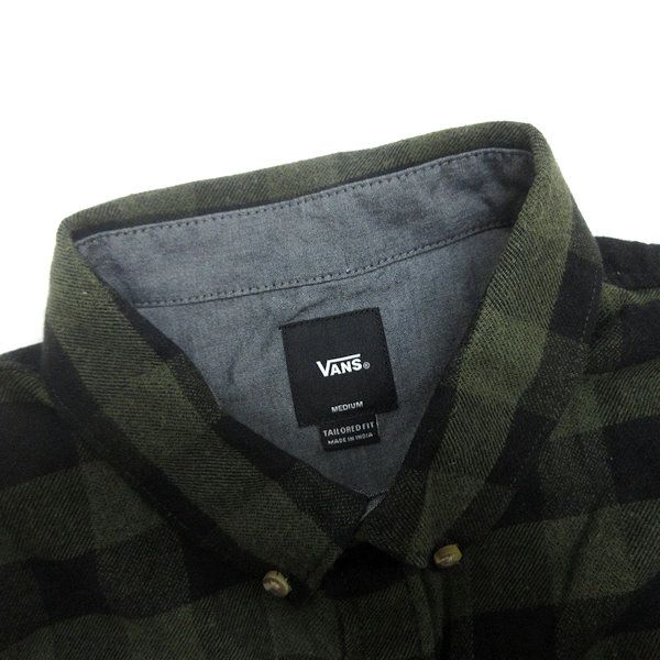 D■バンズ/VANS チェック柄 長袖ネルシャツ/TAILORED FIT【M】黒 カーキ系/MENS/147【中古】