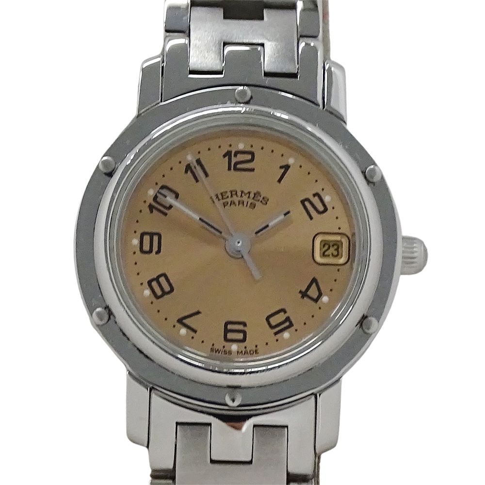 エルメス HERMES 時計 レディース ブランド クリッパー デイト クオーツ QZ ステンレス SS CL4.210 シルバー ピンク 磨き済み