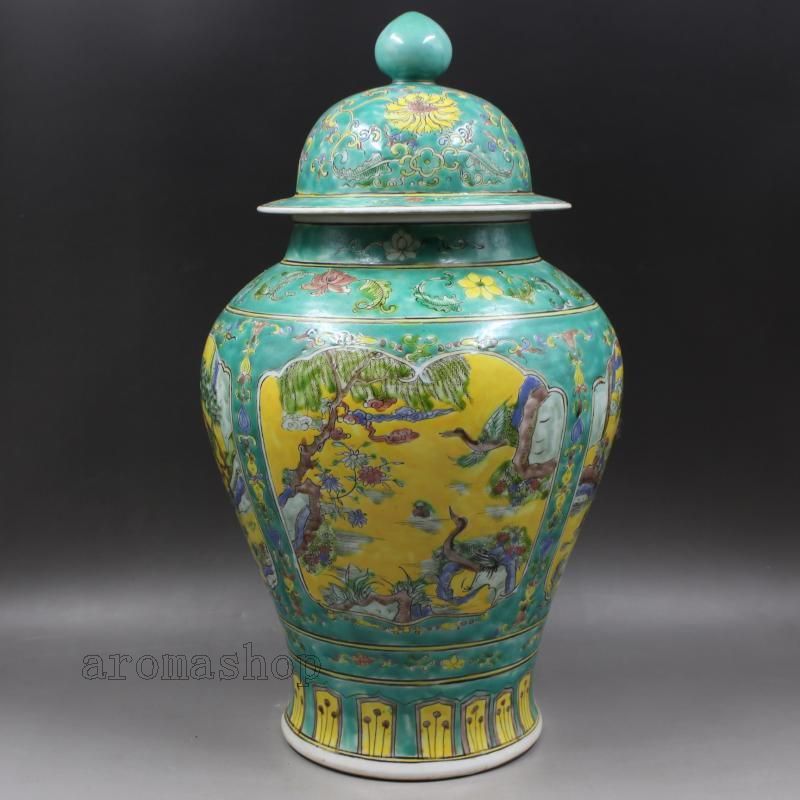 緑地パステル人物松鶴将軍缶 景徳鎮 陶磁器 装飾品 現代工芸品 美術品 置物 緑地パステル人物松鶴将軍缶 景徳鎮 陶磁器 装飾品 現代工芸品