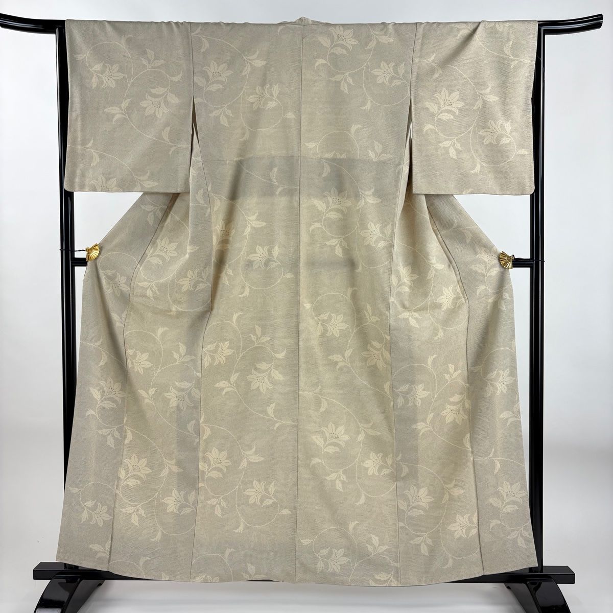 塩沢紬 身丈159cm 裄丈65cm M 袷 塩沢物語 証紙 花唐草 亀甲絣 灰茶 正絹 名品