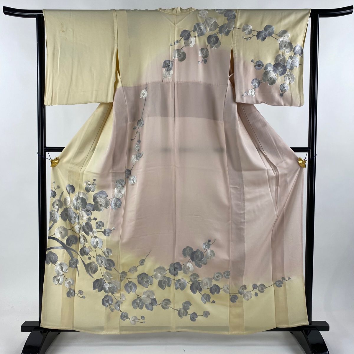 訪問着 身丈159.5cm 裄丈62.5cm S 単衣 胡蝶蘭 刺繍 金糸 薄黄 正絹