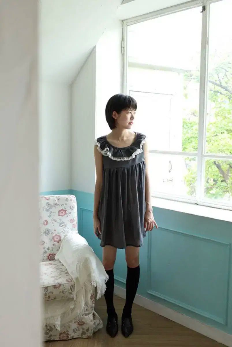 ギンプティー レース ミニ ドレス グレー