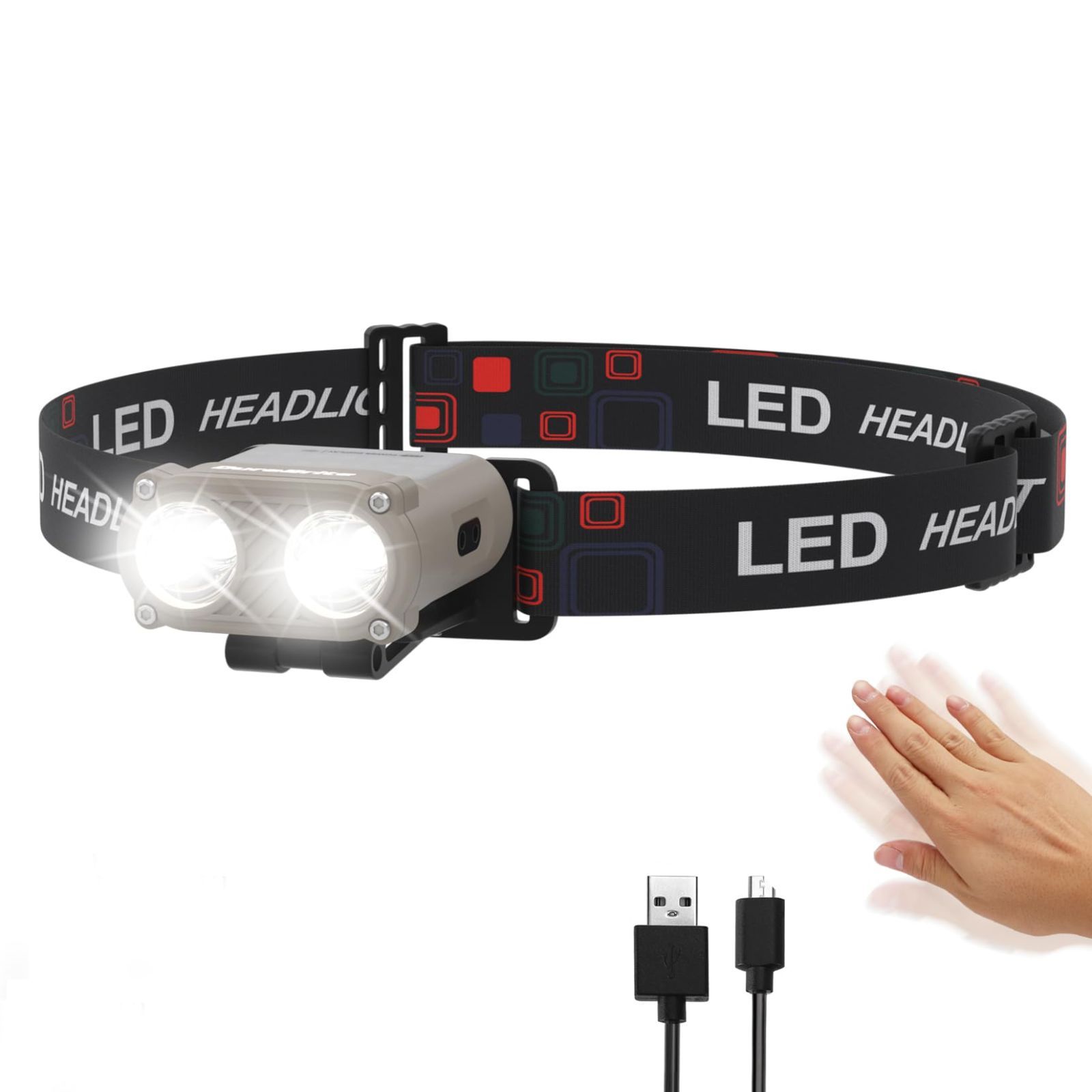 ヘッドライト センサー LED 充電式 ヘッドランプ 高輝度 3点灯モード ヘルメットライト 防水 アウトドア 電池残量表示 釣り 登山 防災 軽  4周年記念イベントが - ライト、ランタン