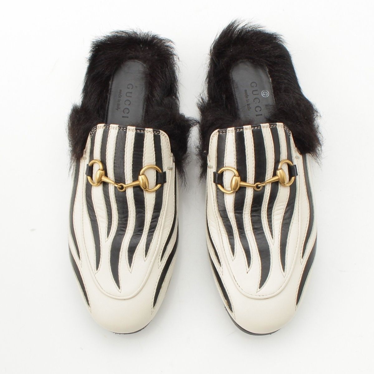 グッチ レザー プリンスタウン ホースビット ゼブラストライプ ミュール サンダル ブラック ホワイト 35