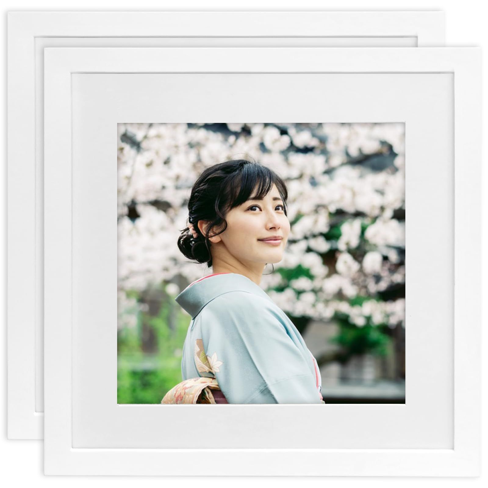 ホワイト_11角 フォトフレーム 額縁 正方形 28cm 2枚セット 木製 写真立て 壁掛け 卓上 両用 マット紙付き プレゼント ホワイト 279x279mm
