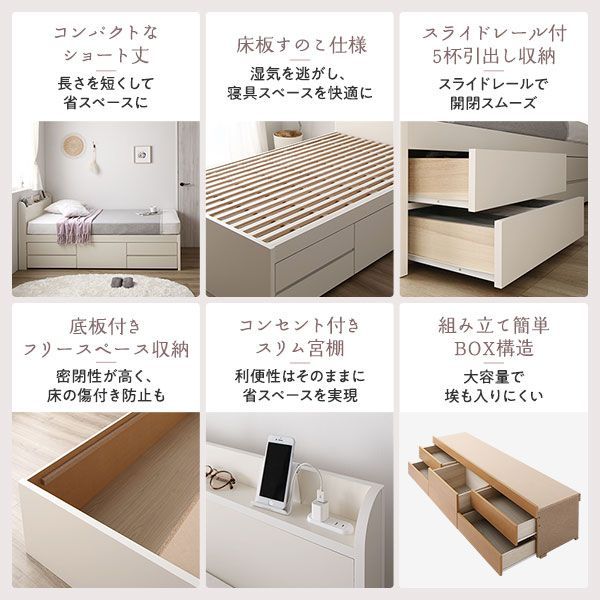 【色: ホワイト】ベッド 収納付きベッド ショートセミシングル フレームのみ ホ