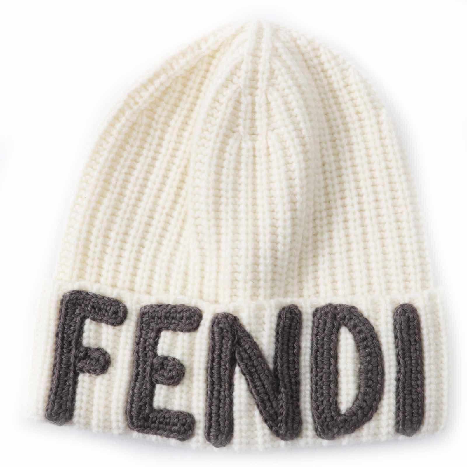 ◎FENDI フェンディ FXQ900 ウール ロゴ入り ニット帽 ニットキャップ アイボリー グレー S M 保存袋付き イタリア製 レディース