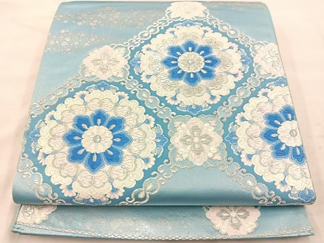 正絹(一部銀糸) アイボリー 唐織 菱花文様 六通 夏袋帯 夏帯 極美品 平和屋着物◎六通柄袋帯 唐織 菱花文 銀糸 正絹 逸品 BAAU0463mz