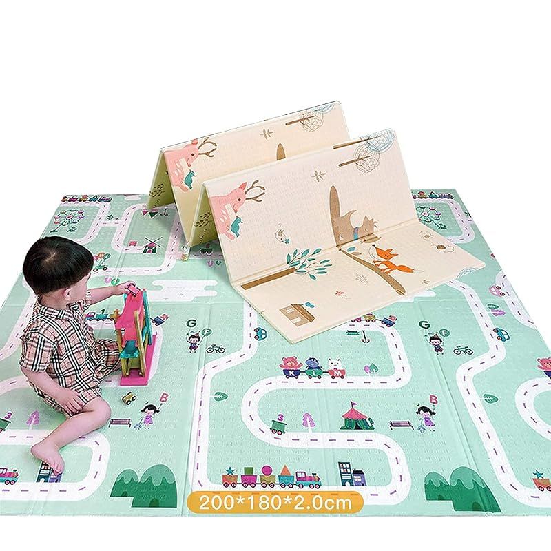 MOZOWO ベビープレーマット 折り畳み式 ベビーマット プレイマット 200*180*2.0cm 大判 厚手 フロアマット XPEエコ素材 両面使用 省スペース コンパクト 洗える 出産祝い 滑り止め 防水防音 衝撃緩和 軽量 アウトドア 可愛絵柄 0