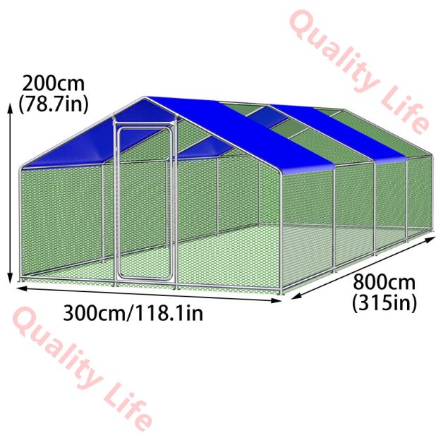 屋外鶏小屋 耐候性カバー付き金属製鶏小屋 鶏 ウサギ アヒルに最適な大型フレームのウサギ小屋 800*300*200cm