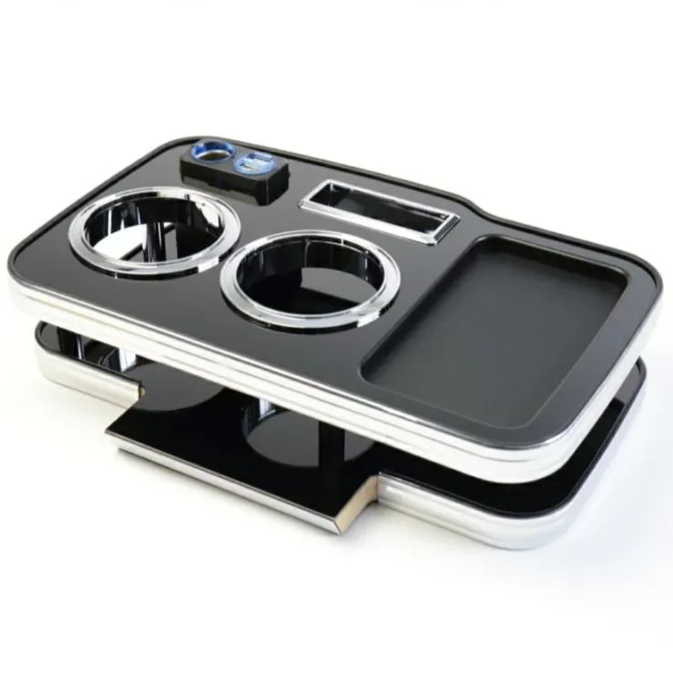 メーカー直送 ハイエース 200系 フロント用 デザイン3 USB 付き ピアノブラック スリーピース オリジナル 自動車用 センターテーブル ドリンクホルダー付き コースター付属 ThreePiece!エンブレム付属 フロント テーブル