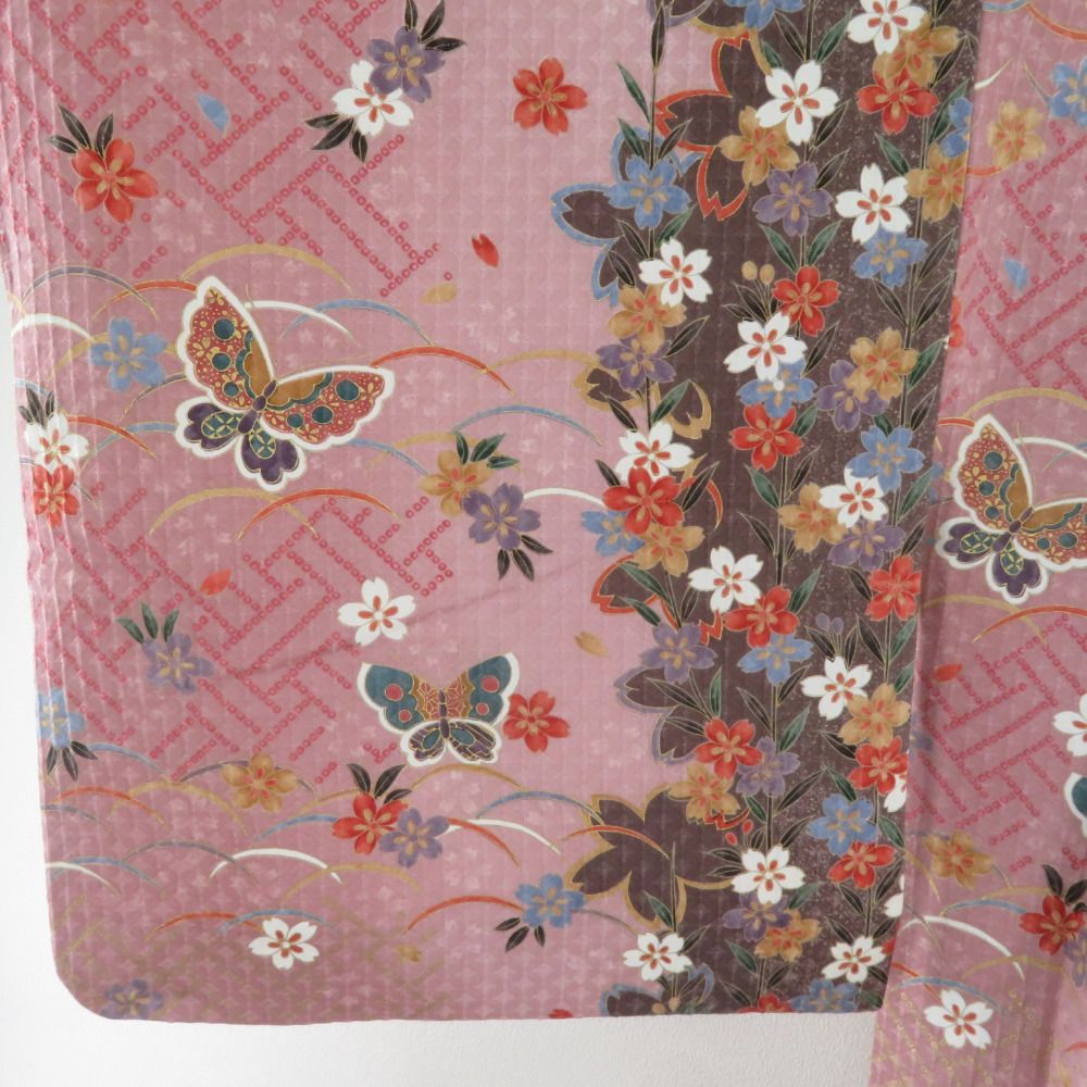 小紋 箔 桜に蝶文様 袷 広衿 桃紫色 正絹 仕立て上がり カジュアル着物