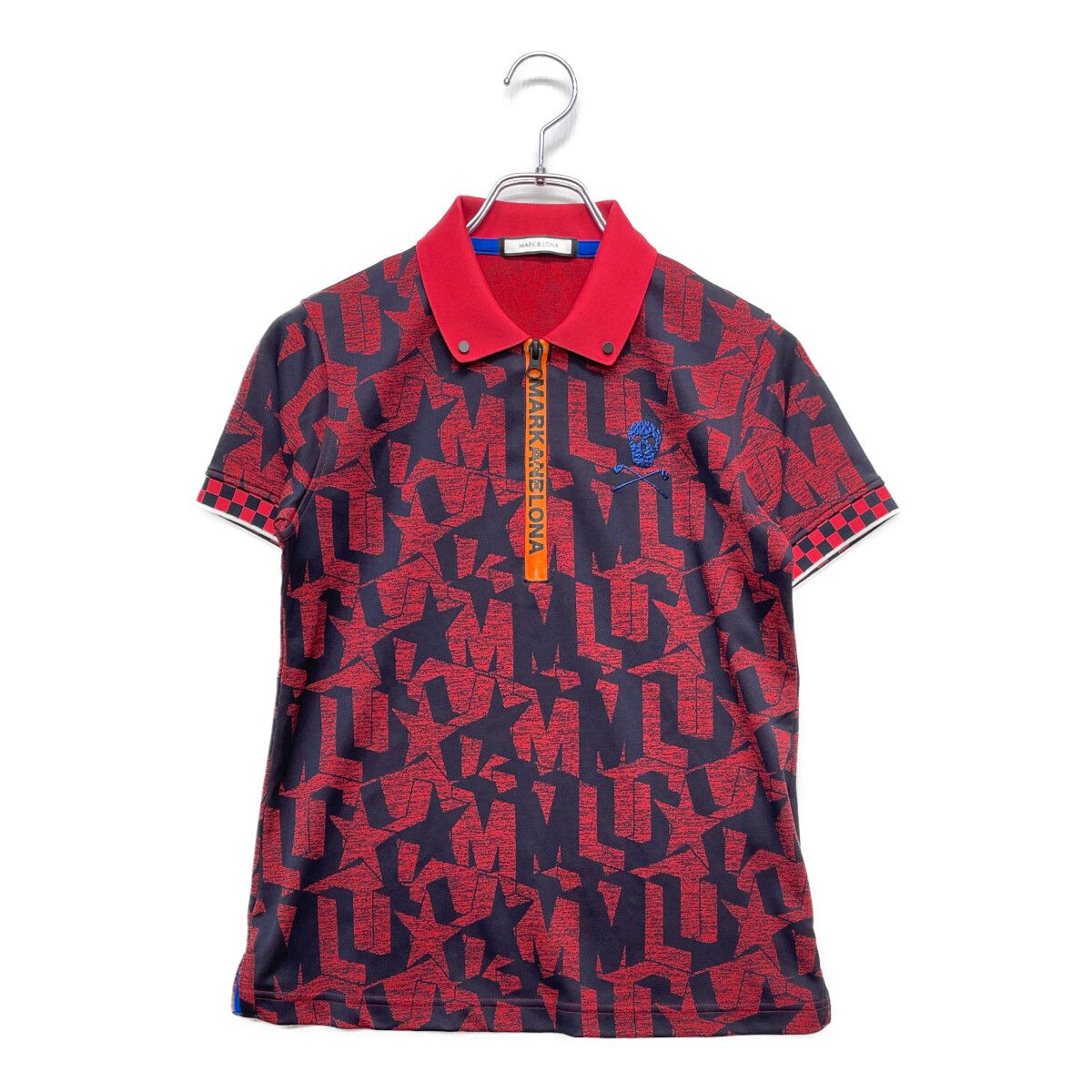  レディース マークアンドロナ MARK&LONA 半袖ポロシャツ 38(M) 紺×ピンク ネイビー ハーフジップ 総柄