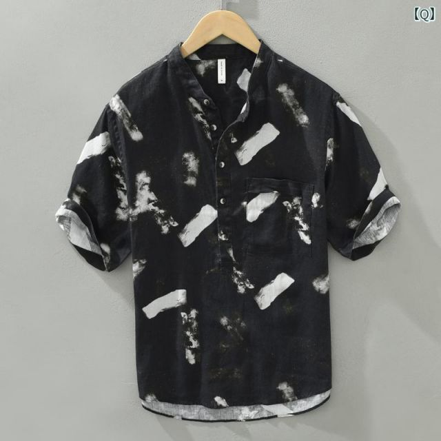 種類24 - XXL|O - 2529 ブラック メンズ ファッション 服 男性用 オシャレ シンプル 大人 かっこいい 大きいサイズ ストリート 紳士服 夏 プリント リネンシャツ 半袖 カジュアル 通気性 コットンリネン 生地 半袖 シャツ CAMPINGPARCCENTRAL_COM