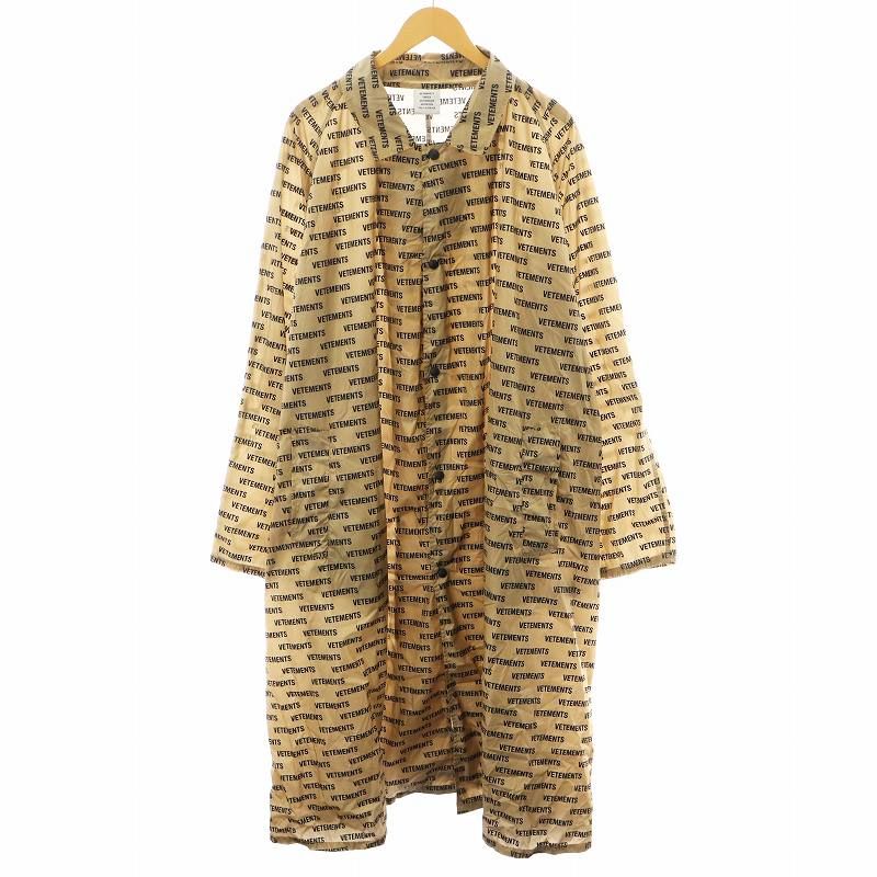 ヴェトモン VETEMENT 18AW コーテッドシェルレインコート ロング丈 総柄 ロゴ ナイロン 0 ベージュ 黒 ブラック UAH19JA301 |AN30 AA