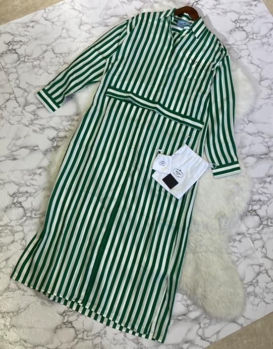 22SS PRADA プラダ シルク ロング ストライプ シャツ ワンピース グリーン 36 PAWNSHOPRiZ パウンショップリズ