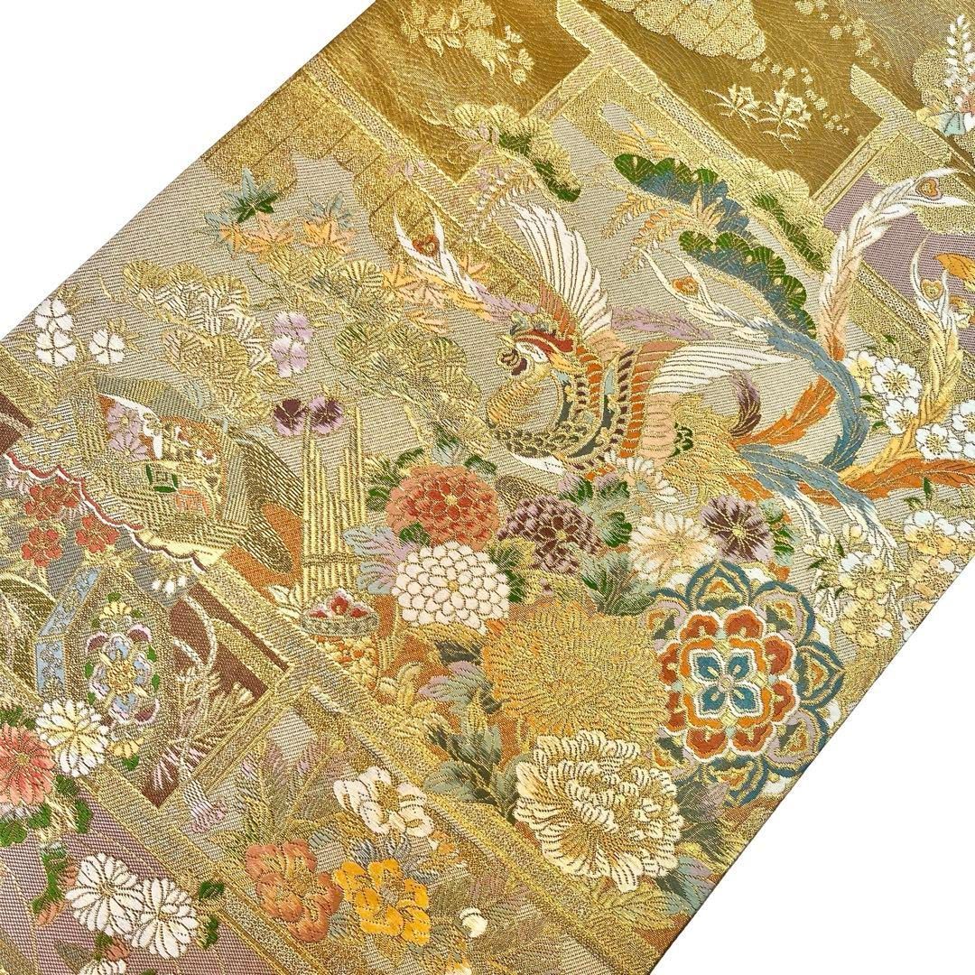 袋帯 秀煌錦織 美しい鳳凰 貝桶に花模様 金糸 金色 O-4138 - メルカリ 