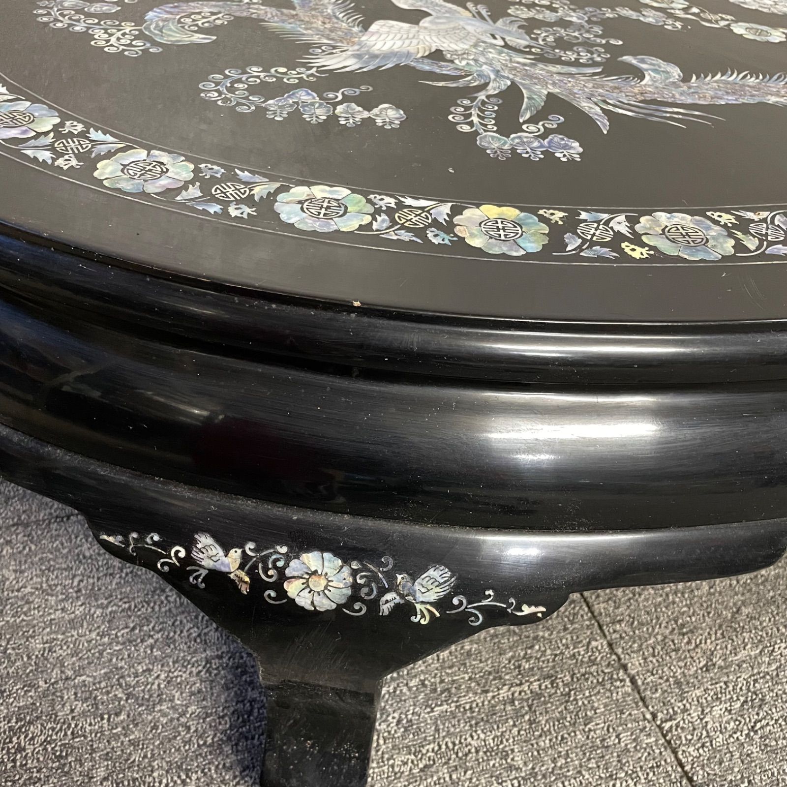 螺鈿細工 ガラス天板付き 座卓 テーブル 鳳凰 黒漆 アンティーク 和モダン 公式】アンティーク家具ラフジュ工房商品詳細ページ中古 民芸
