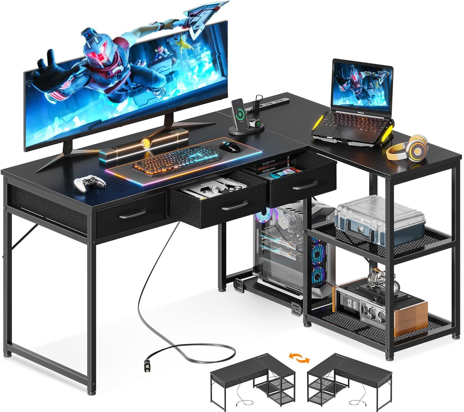 商品 ODK ゲーミングデスク 引き出し3杯 パソコンデスク コンセント付き l字デスク デスク 机 幅135 pcデスク 棚付き 収納 desk オフィスデスク 在宅勤務 仕事用 組立簡単 ブラック