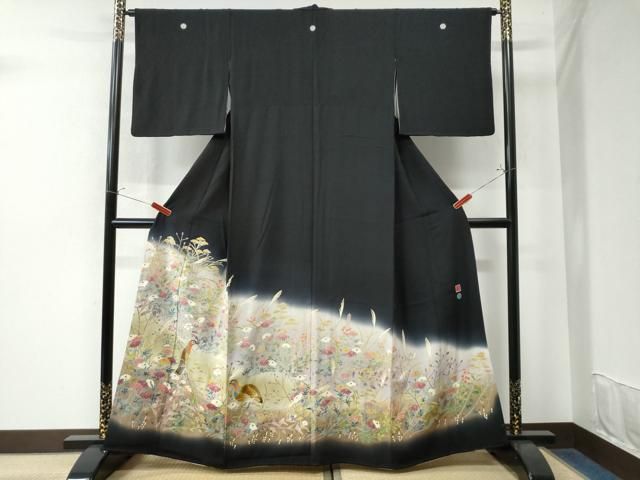 平和屋着物●本加賀友禅作家 百貫華峰 黒留袖 休み鳥草花文 暈し染め 正絹 CAAW7786yc