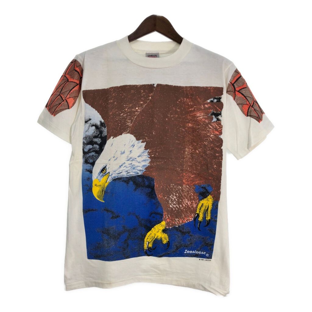 80年代 USA製 ONEITA オニータ Zoosloose イーグル 半袖Ｔシャツ 大判プリント ホワイト (メンズ L) 中古 古着 T0252