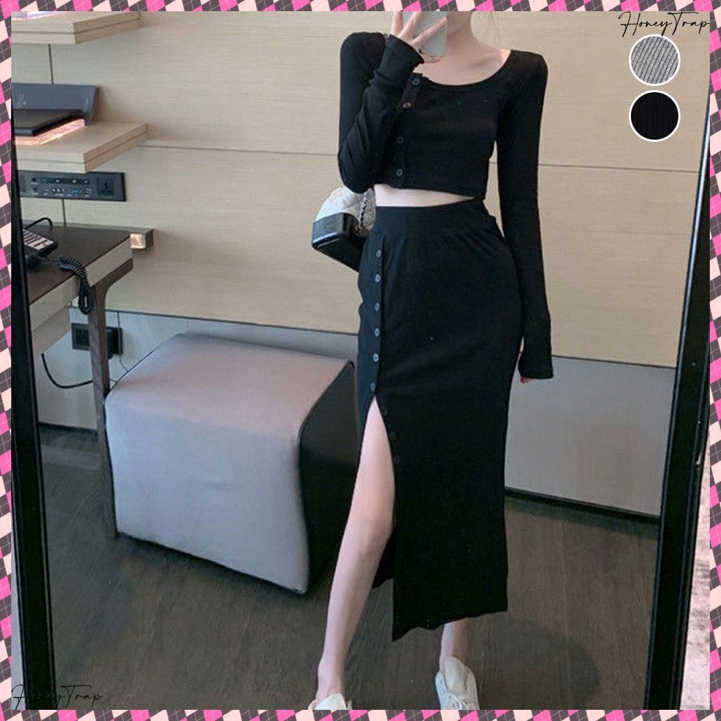 送料無料 ニットセットアップ レディース上下セット ショート丈 ニットトップス ボタン開きスリット タイトスカート セクシー 2点セット ハイウエスト サイドボタンスカート へそ出し トップス 韓国風ニットセット 着やせスカート無地