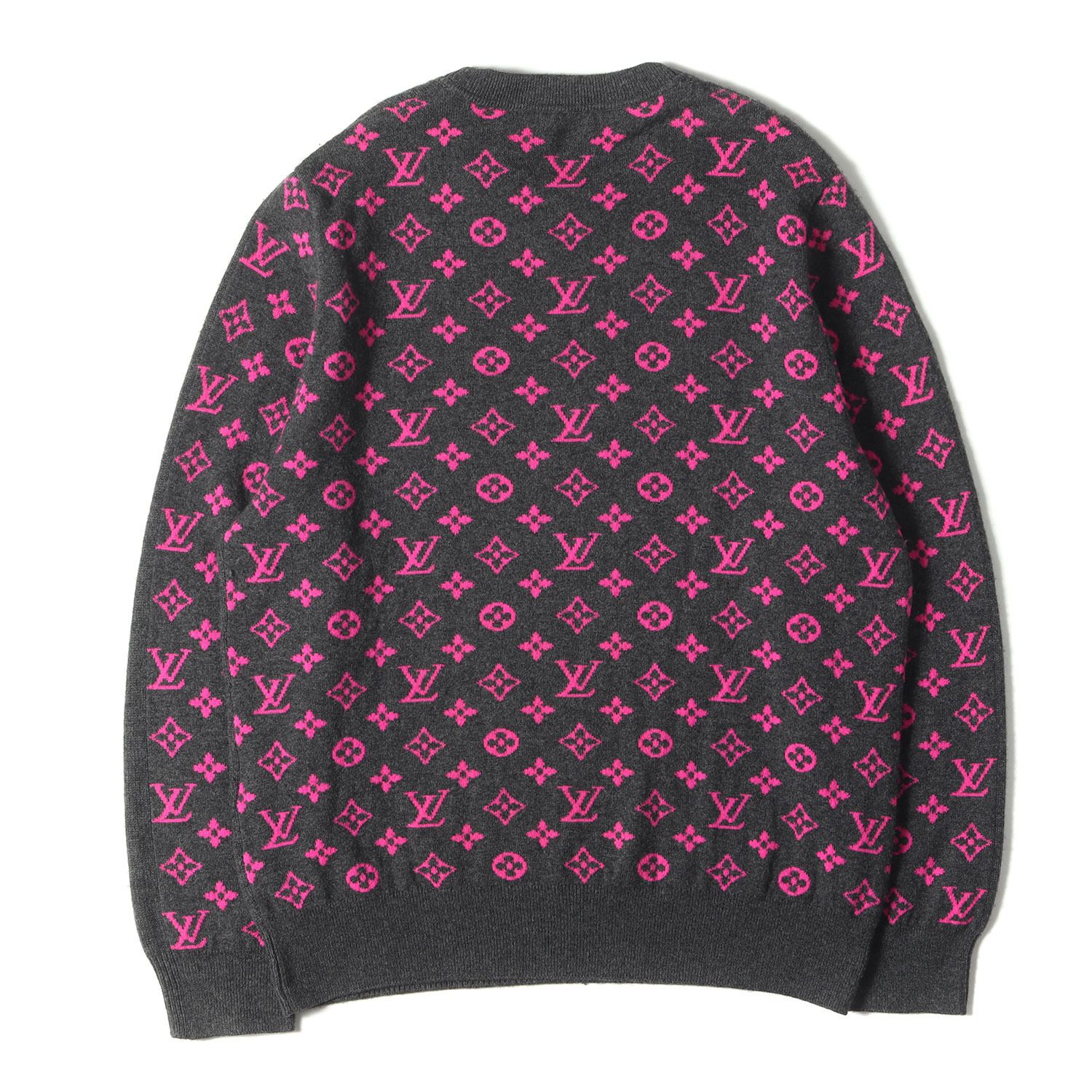 LOUIS VUITTON ルイヴィトン ニット サイズ XL | ハーフアンドハーフ LV モノグラム カシミヤ ニット HALF AND HALF MONOGRAM | ヘザーダークグレー ネオンピンク | イタリア製 メンズ