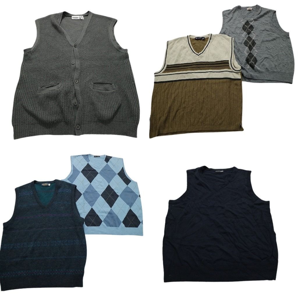 古着卸 まとめ売り ベスト セーター 6枚セット (メンズ 2XL /3XL ) カーディガン 無地 総柄 アーガイルチェック 中古 古着 MY3416