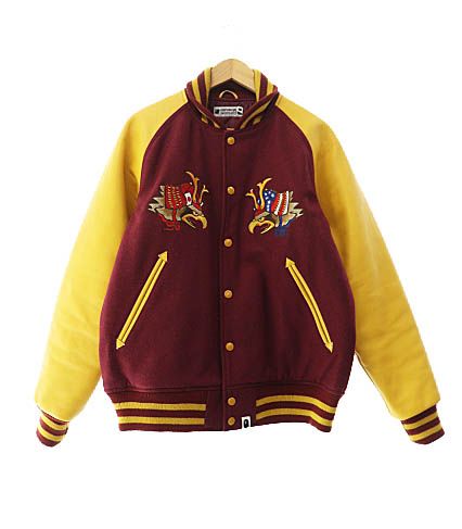 アベイシングエイプ A BATHING APE ×UNDEFEATED アンディフィーテッド VARSITY JACKET 鷲 ロゴ 刺繍 袖レザー バーシティ ジャケット スタジャン 001HJ9731939X L バーガンディ イエロー ブランド古着ベクト
