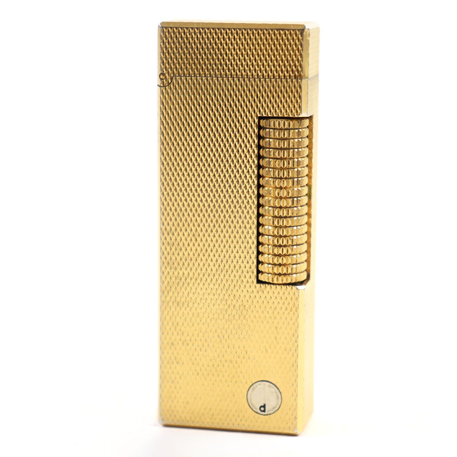 良品Dunhill ダンヒル ロゴ金具付き 総柄 スクエアフォルム ローラー式 ライター ゴールド 箱付き スイス製 メンズ レディース 着火確認済み